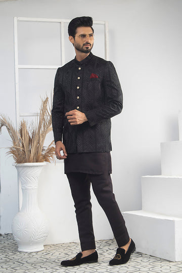 Black Color Block Embroidered Prince Coat For Men